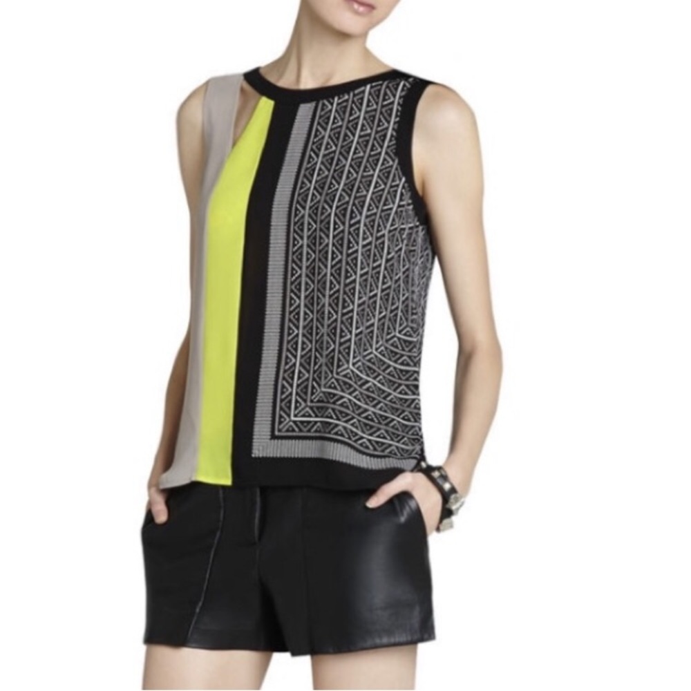 BCBGMAXAZRIA Elicia Color Block cutout asymmetrical sleeveless silky top Sz S